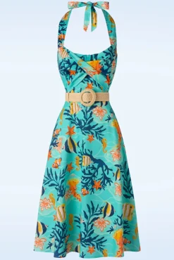 Discount Coral Reef Halter Flare Jurk In Blauw Vrouwen Plus Size Jurken