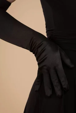 New Elegante Lange Satijnen Handschoenen In Zwart Vrouwen Handschoenen