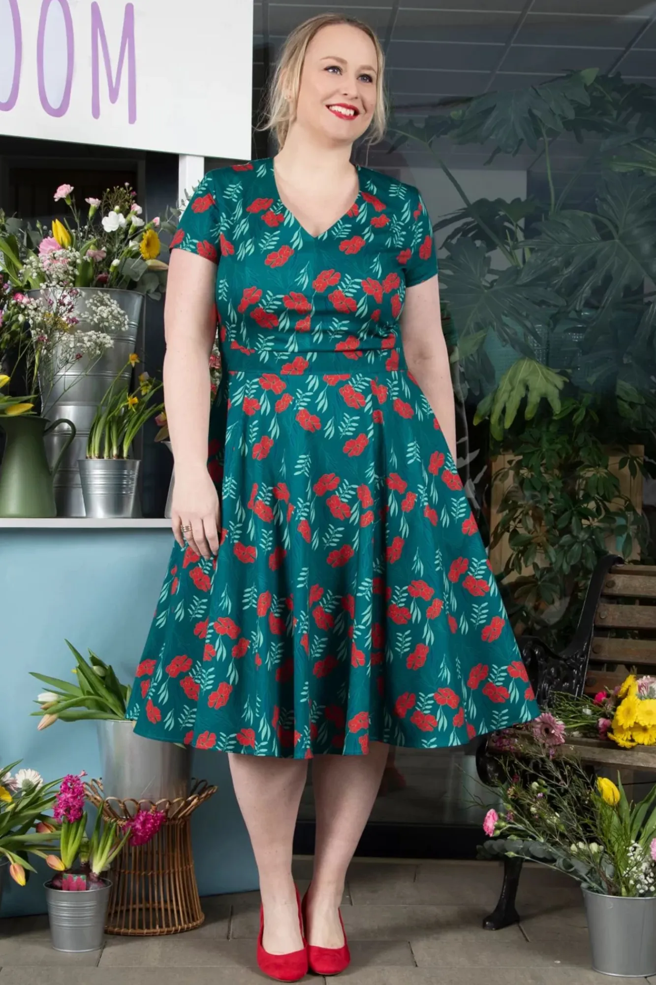 Hot Exclusief Bij Topvintage ~ Olivia Swingjurk Met Korte Mouwen In Blauwgroen Vrouwen Swing Jurken