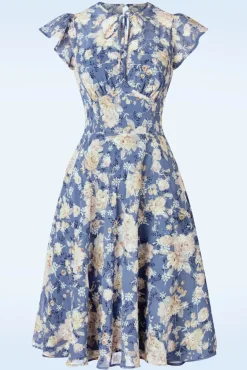 Hot Floral Flutter Flare Jurk In Blauw Vrouwen Swing Jurken
