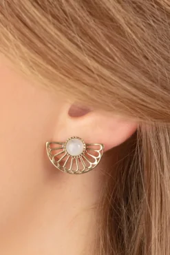 Hot Flower Fan Oorbellen In Goud En Maansteen Wit Vrouwen Sieraden