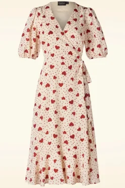 Outlet Heart Polka Dot Wikkel Jurk In Creme Vrouwen Midi Jurken
