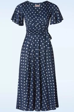 Outlet Irene Polkadot Cross Over Swing Jurk In Marineblauw Vrouwen Swing Jurken