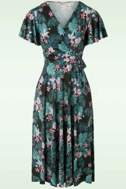 Clearance Irene Tropische Gebloemde Overslagswingjurk In Zwart Vrouwen Plus Size Jurken