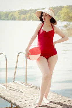 Discount Klassiek Jaren Vijftig Eendelig Badpak In Rood Vrouwen Badpakken