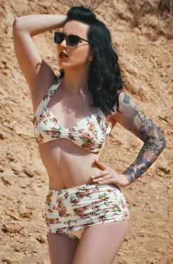 Discount Klassieke Bloemenromantische Bikinibroek In Creme Vrouwen Bikini's