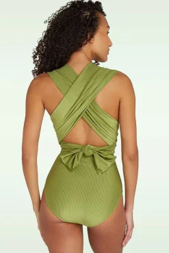 New Multiway Badpak In Shiny Groen Rib Vrouwen Badpakken