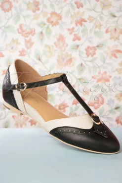 Sale Parisienne T-Strap Flats In Zwart En Creme Vrouwen Ballerina's