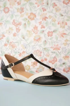 Sale Parisienne T-Strap Flats In Zwart En Creme Vrouwen Ballerina's