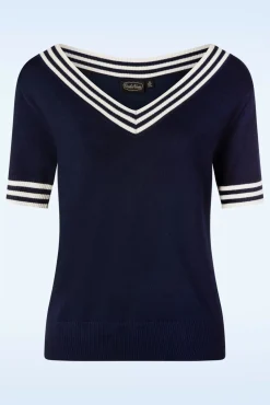 Sally Top Met Korte Mouwen En Gestreepte Halslijn In Marineblauw Vrouwen Truitjes