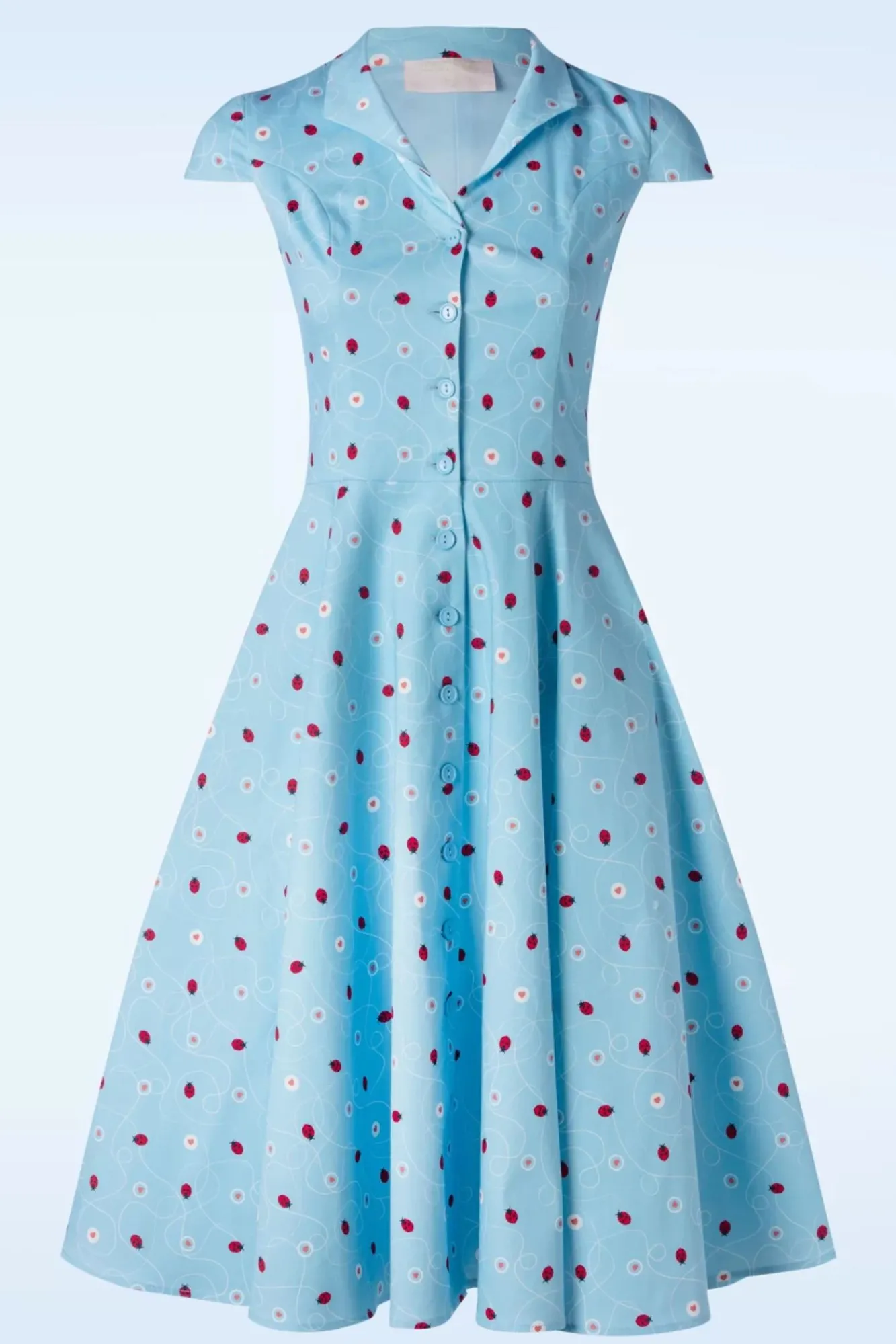 Discount Topvintage Exclusive ~ Angie Swing Jurk In Licht Blauw Met Lieveheersbeestjes Print Vrouwen Swing Jurken