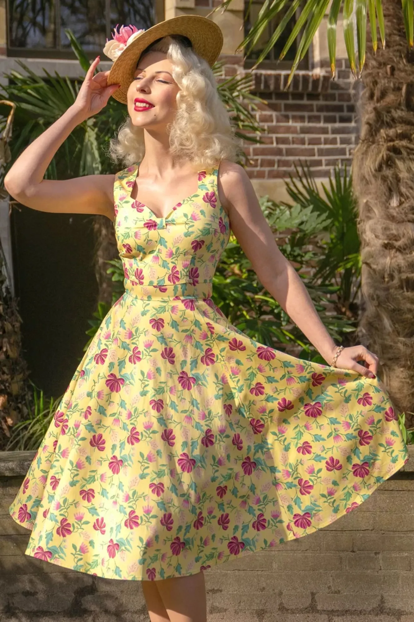 Online Topvintage Exclusive ~ Eliane Floral Swing Jurk In Lichtgeel Vrouwen Plus Size Jurken