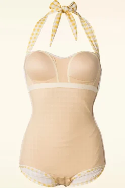 Clearance Zomer Gingham Badpak Uit Een Stuk In Geel En Wit Vrouwen Badpakken